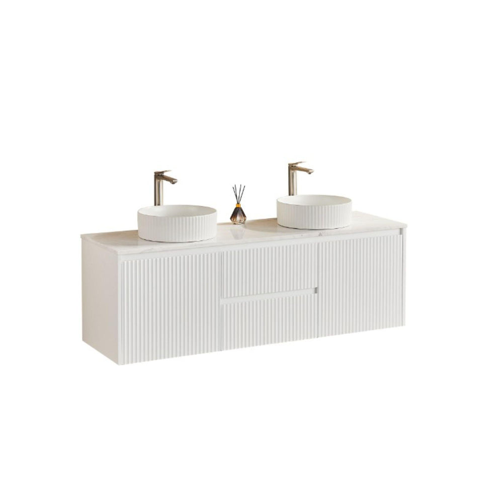 LUKKA CRETE MODERN MATTE WHITE 1500MM DOUBLE BOWL WALL HUNG VANITY (AVAILABLE IN MIDDLE, LEFT AND RIGHT HAND DRAWER)