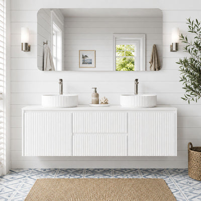 LUKKA CRETE MODERN MATTE WHITE 1500MM DOUBLE BOWL WALL HUNG VANITY (AVAILABLE IN MIDDLE, LEFT AND RIGHT HAND DRAWER)