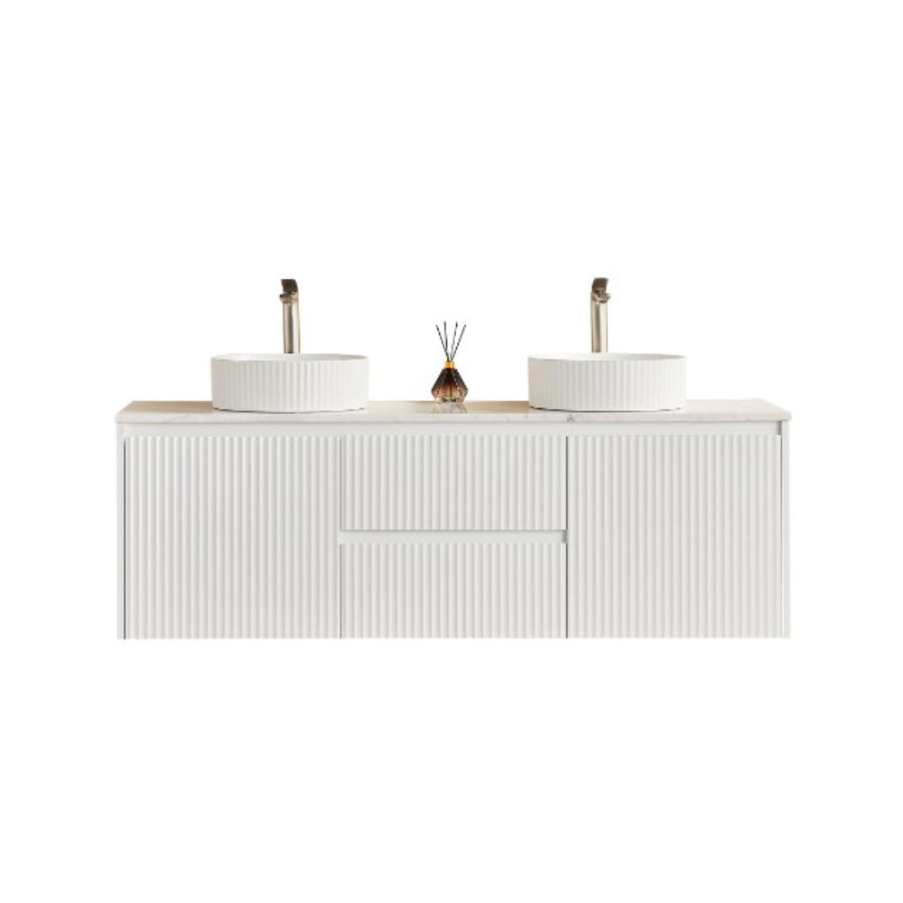 LUKKA CRETE MODERN MATTE WHITE 1500MM DOUBLE BOWL WALL HUNG VANITY (AVAILABLE IN MIDDLE, LEFT AND RIGHT HAND DRAWER)