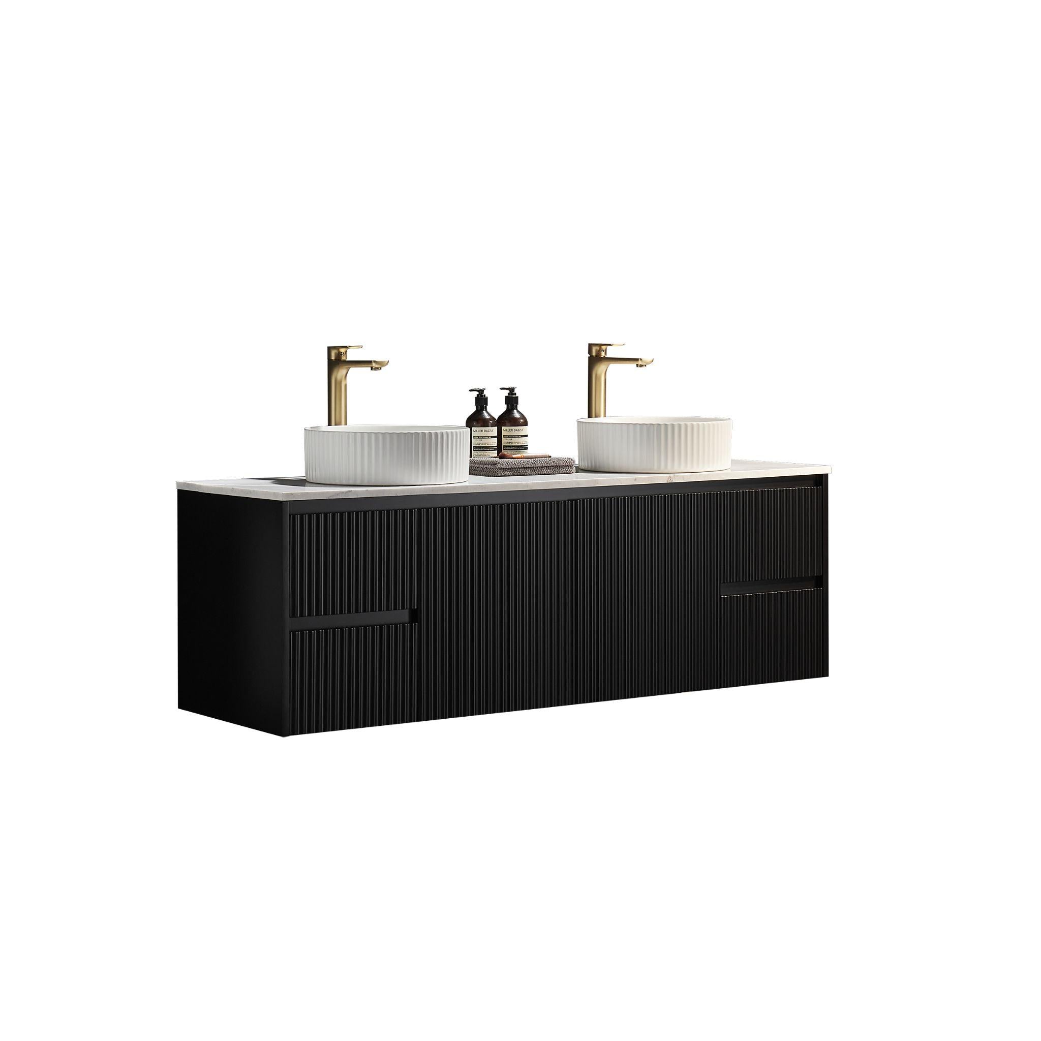 LUKKA CRETE MODERN MATTE BLACK 1500MM DOUBLE BOWL WALL HUNG VANITY (AVAILABLE IN MIDDLE, LEFT AND RIGHT HAND DRAWER)