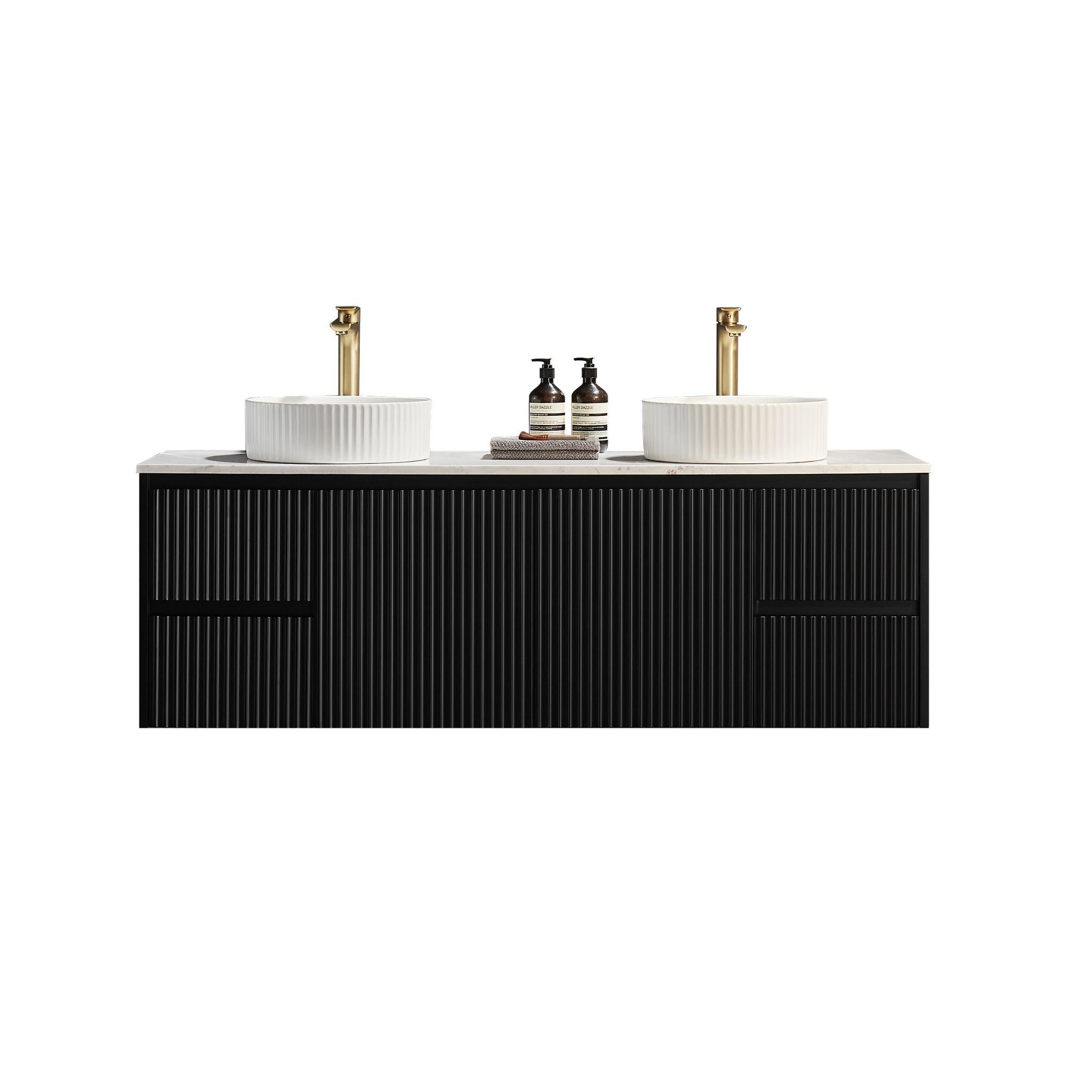 LUKKA CRETE MODERN MATTE BLACK 1500MM DOUBLE BOWL WALL HUNG VANITY (AVAILABLE IN MIDDLE, LEFT AND RIGHT HAND DRAWER)