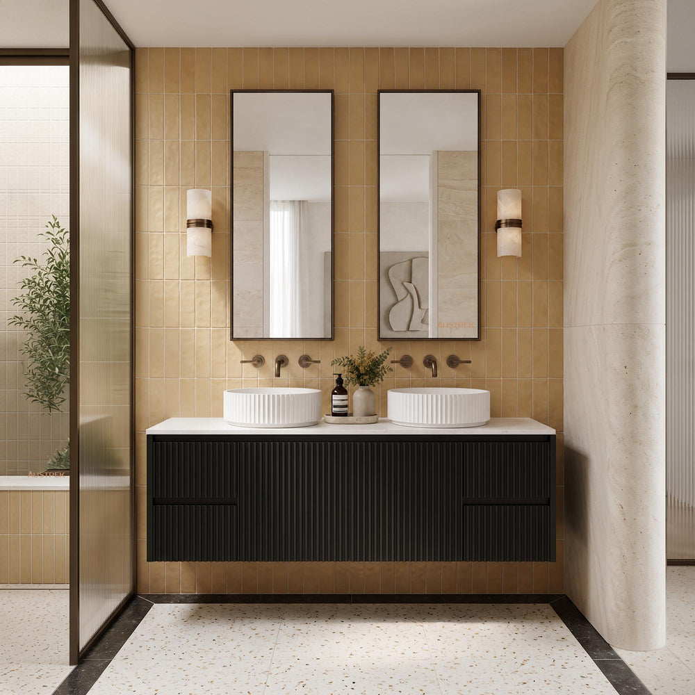 LUKKA CRETE MODERN MATTE BLACK 1500MM DOUBLE BOWL WALL HUNG VANITY (AVAILABLE IN MIDDLE, LEFT AND RIGHT HAND DRAWER)