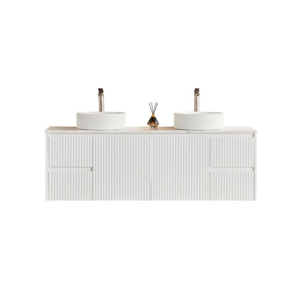 LUKKA CRETE MODERN MATTE WHITE 1500MM DOUBLE BOWL WALL HUNG VANITY (AVAILABLE IN MIDDLE, LEFT AND RIGHT HAND DRAWER)
