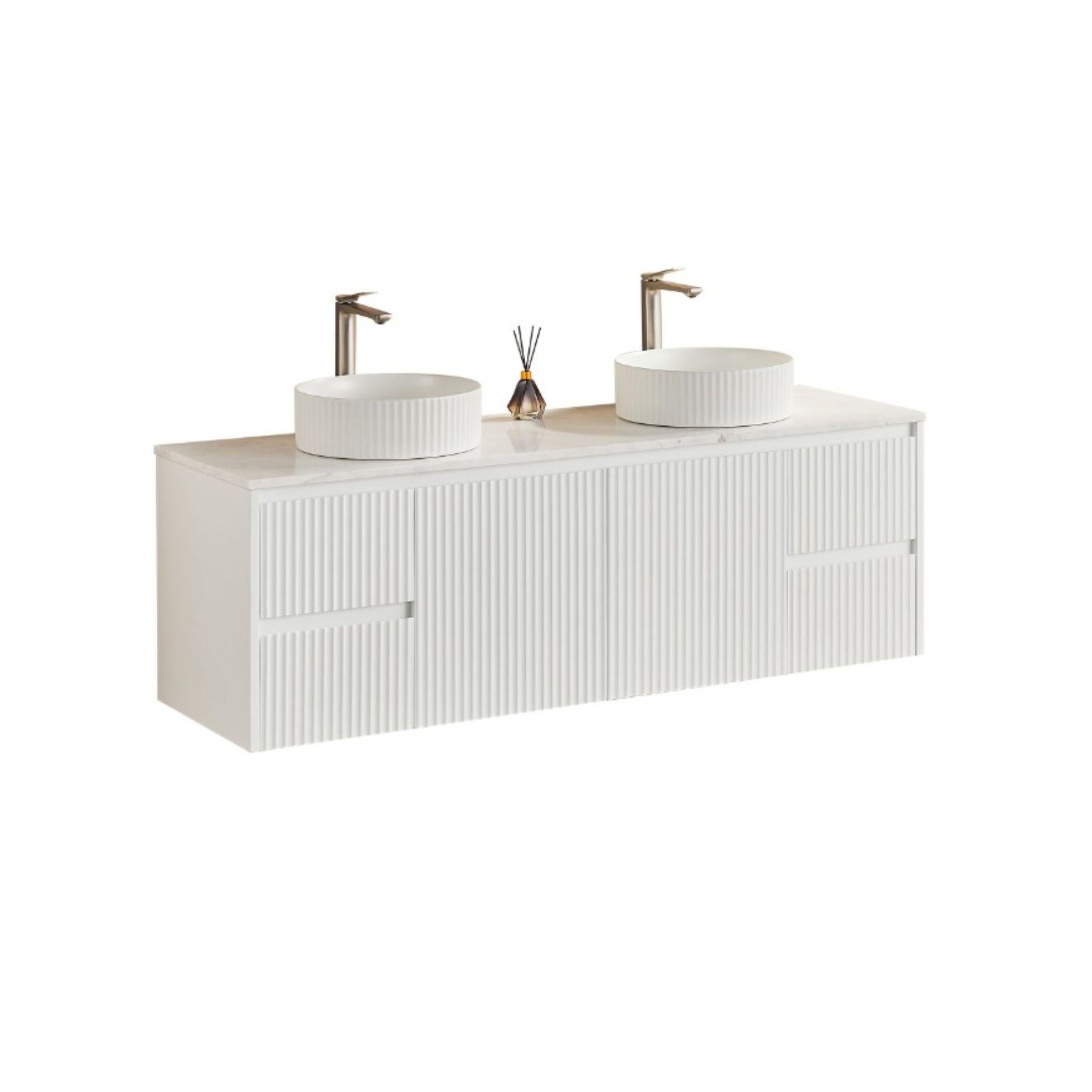 LUKKA CRETE MODERN MATTE WHITE 1500MM DOUBLE BOWL WALL HUNG VANITY (AVAILABLE IN MIDDLE, LEFT AND RIGHT HAND DRAWER)