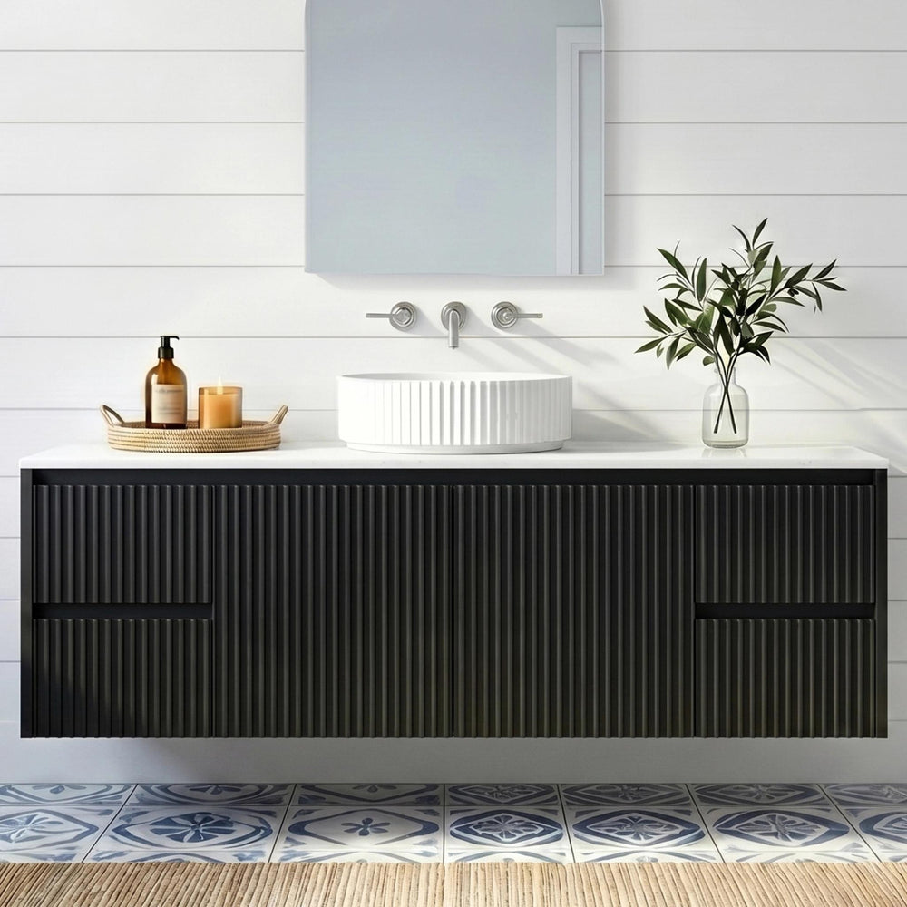 LUKKA CRETE MODERN MATTE BLACK 1500MM SINGLE BOWL WALL HUNG VANITY (AVAILABLE IN MIDDLE, LEFT AND RIGHT HAND DRAWER)