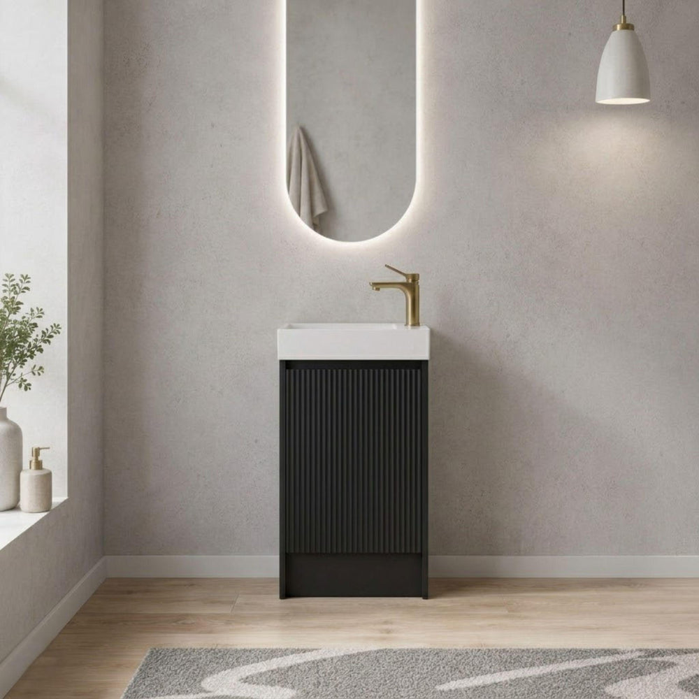 LUKKA CRETE MINI MATTE BLACK 450MM SPACE SAVING SINGLE BOWL FLOOR STANDING VANITY WITH KICKBOARD
