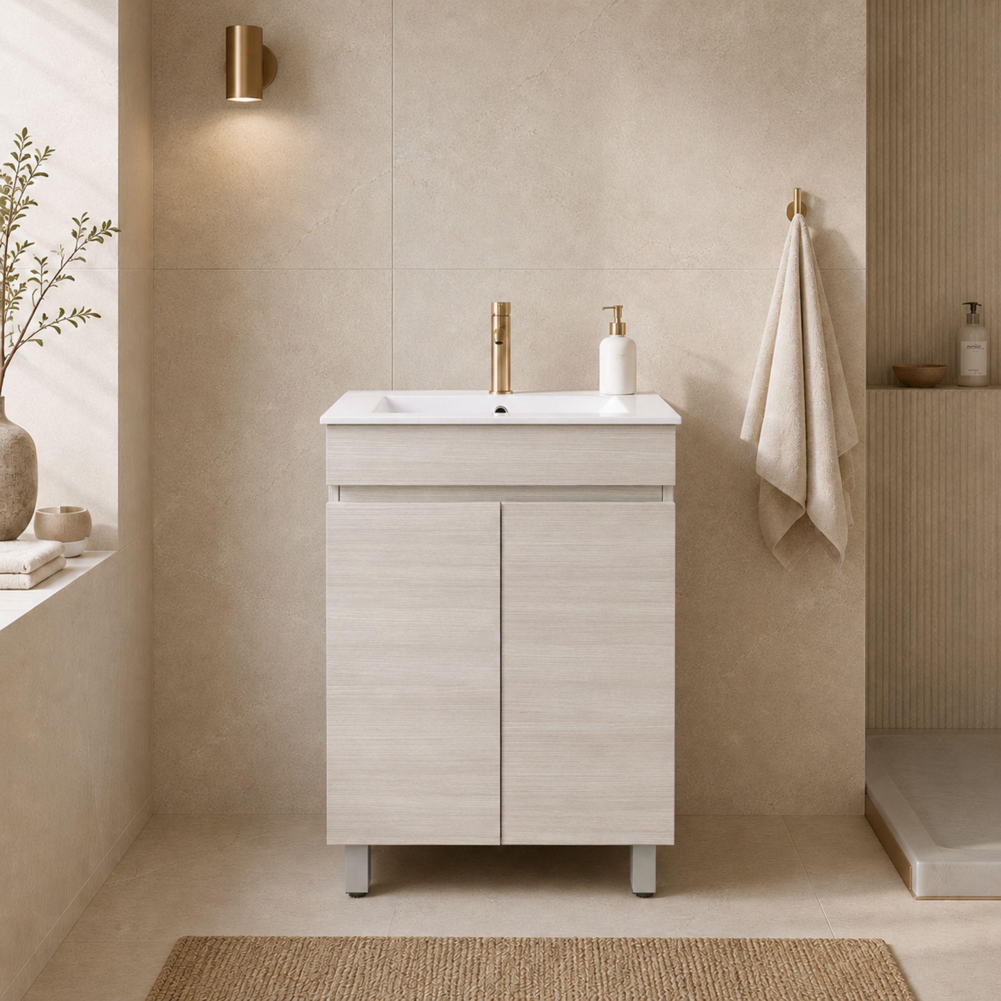 LUKKA CAMDEN ENSUITE COASTAL OAK 600MM SPACE SAVING SINGLE BOWL FLOOR STANDING VANITY
