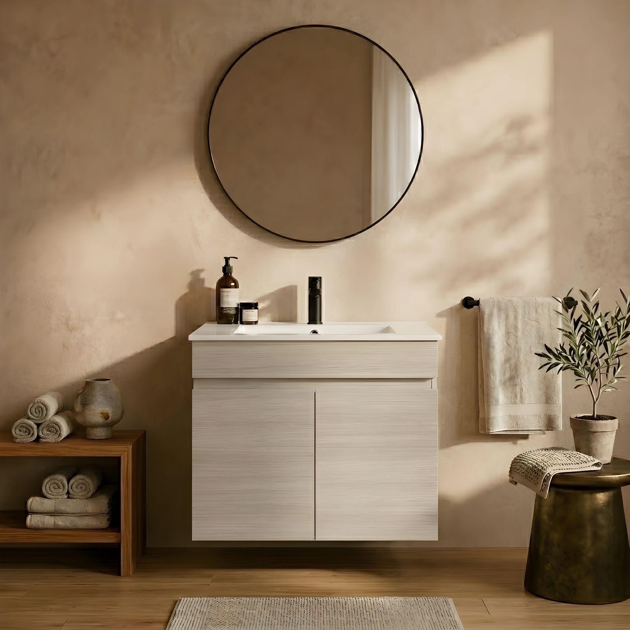 LUKKA CAMDEN ENSUITE COASTAL OAK 600MM SPACE SAVING SINGLE BOWL WALL HUNG VANITY