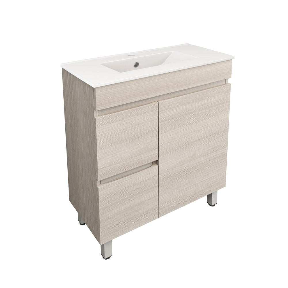 LUKKA CAMDEN ENSUITE COASTAL OAK 750MM SPACE SAVING SINGLE BOWL FLOOR STANDING VANITY (AVAILABLE IN LEFT AND RIGHT HAND DRAWER)