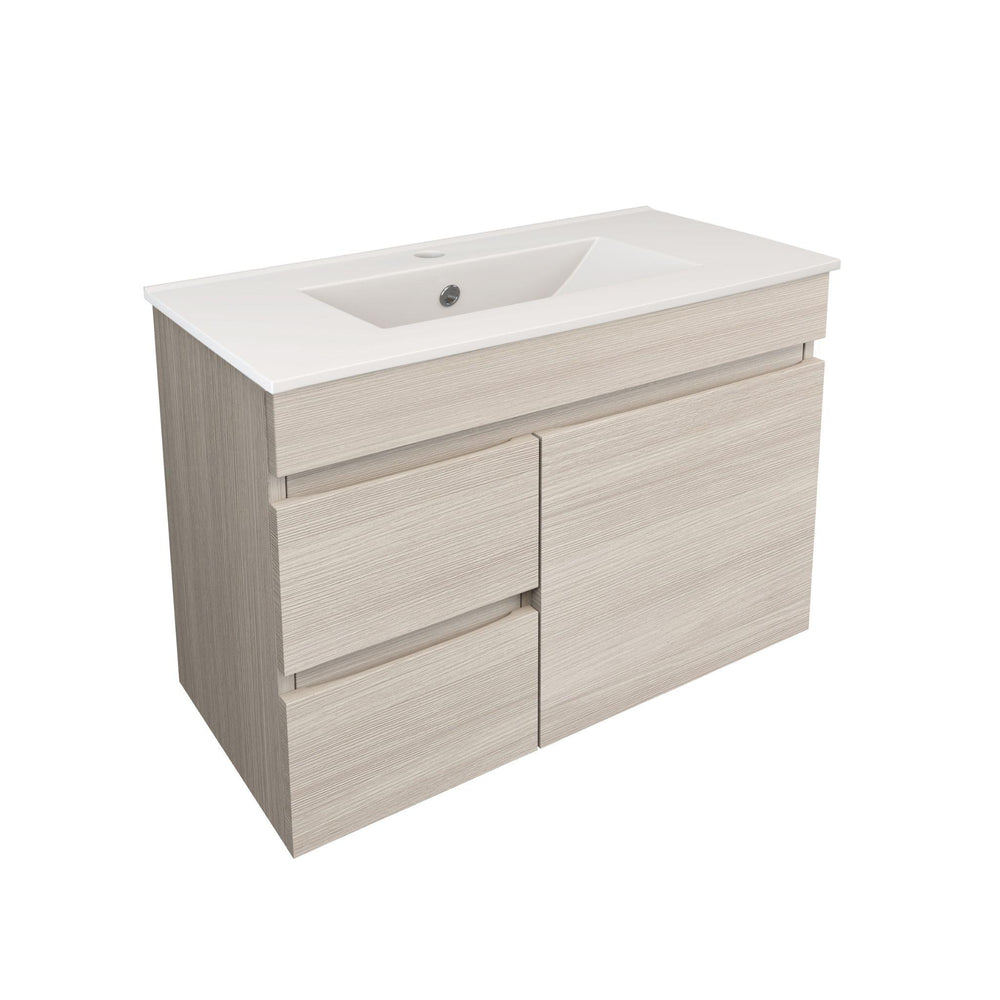 LUKKA CAMDEN ENSUITE COASTAL OAK 750MM SPACE SAVING SINGLE BOWL WALL HUNG VANITY (AVAILABLE IN LEFT AND RIGHT HAND DRAWER)