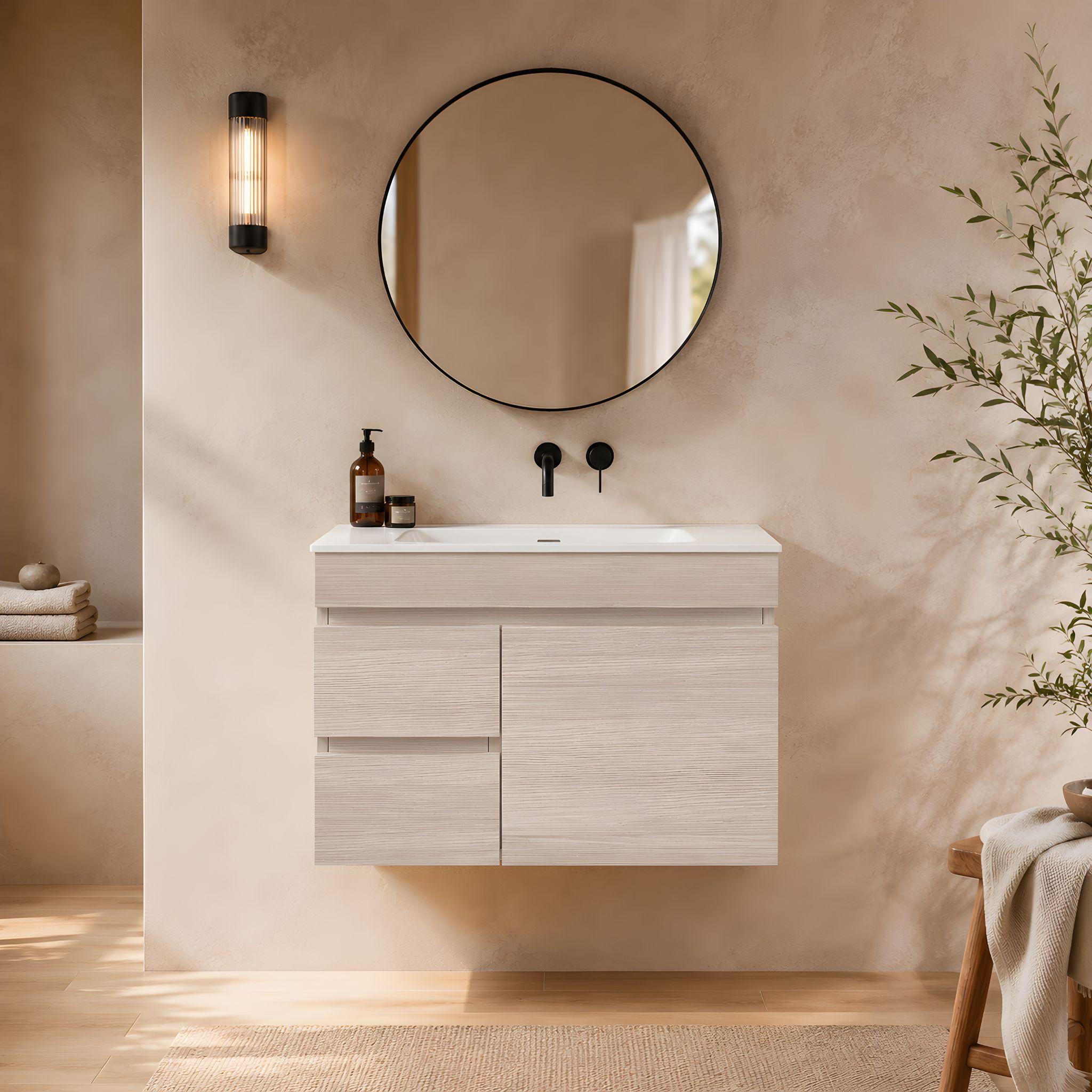 LUKKA CAMDEN ENSUITE COASTAL OAK 750MM SPACE SAVING SINGLE BOWL WALL HUNG VANITY (AVAILABLE IN LEFT AND RIGHT HAND DRAWER)