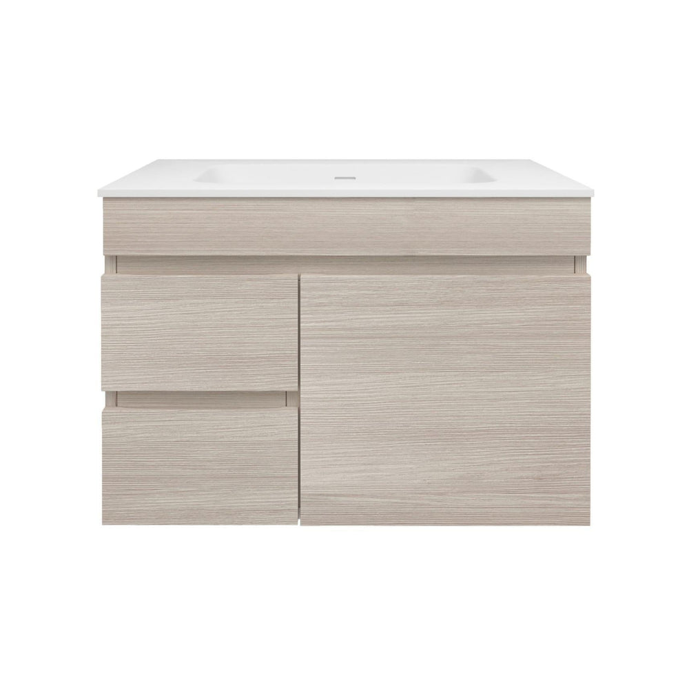 LUKKA CAMDEN ENSUITE COASTAL OAK 750MM SPACE SAVING SINGLE BOWL WALL HUNG VANITY (AVAILABLE IN LEFT AND RIGHT HAND DRAWER)