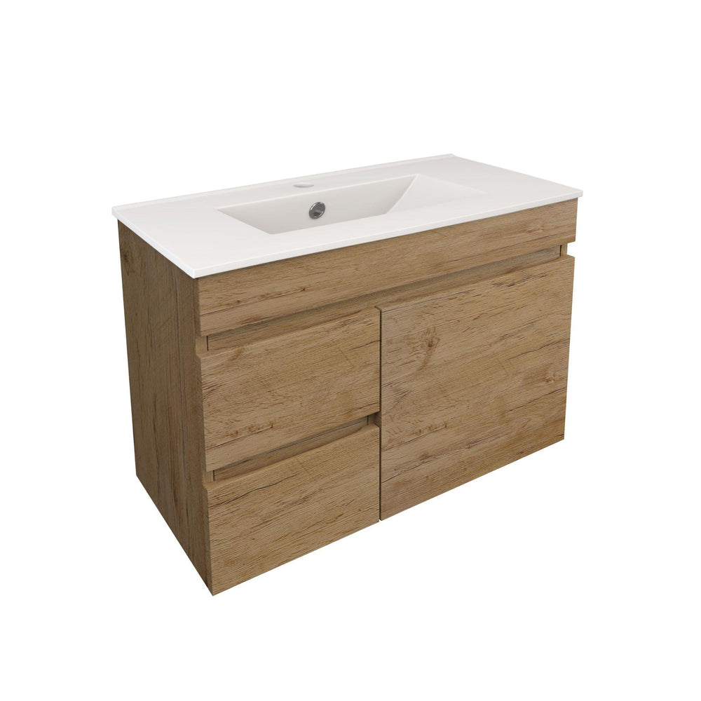LUKKA CAMDEN ENSUITE PRIME OAK 750MM SPACE SAVING SINGLE BOWL WALL HUNG VANITY (AVAILABLE IN LEFT AND RIGHT HAND DRAWER)