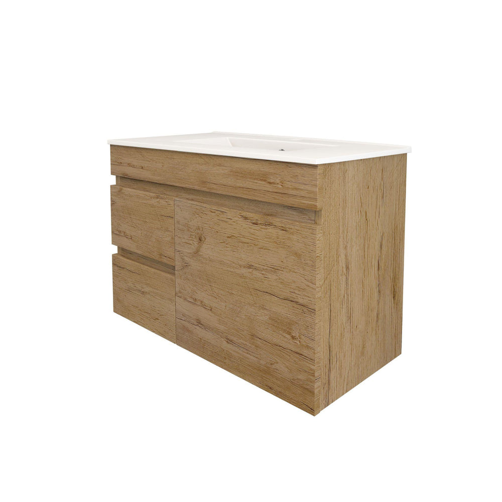 LUKKA CAMDEN ENSUITE PRIME OAK 750MM SPACE SAVING SINGLE BOWL WALL HUNG VANITY (AVAILABLE IN LEFT AND RIGHT HAND DRAWER)