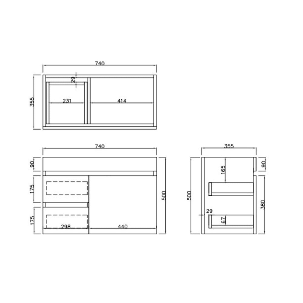 LUKKA CAMDEN ENSUITE PRIME OAK 750MM SPACE SAVING SINGLE BOWL WALL HUNG VANITY (AVAILABLE IN LEFT AND RIGHT HAND DRAWER)