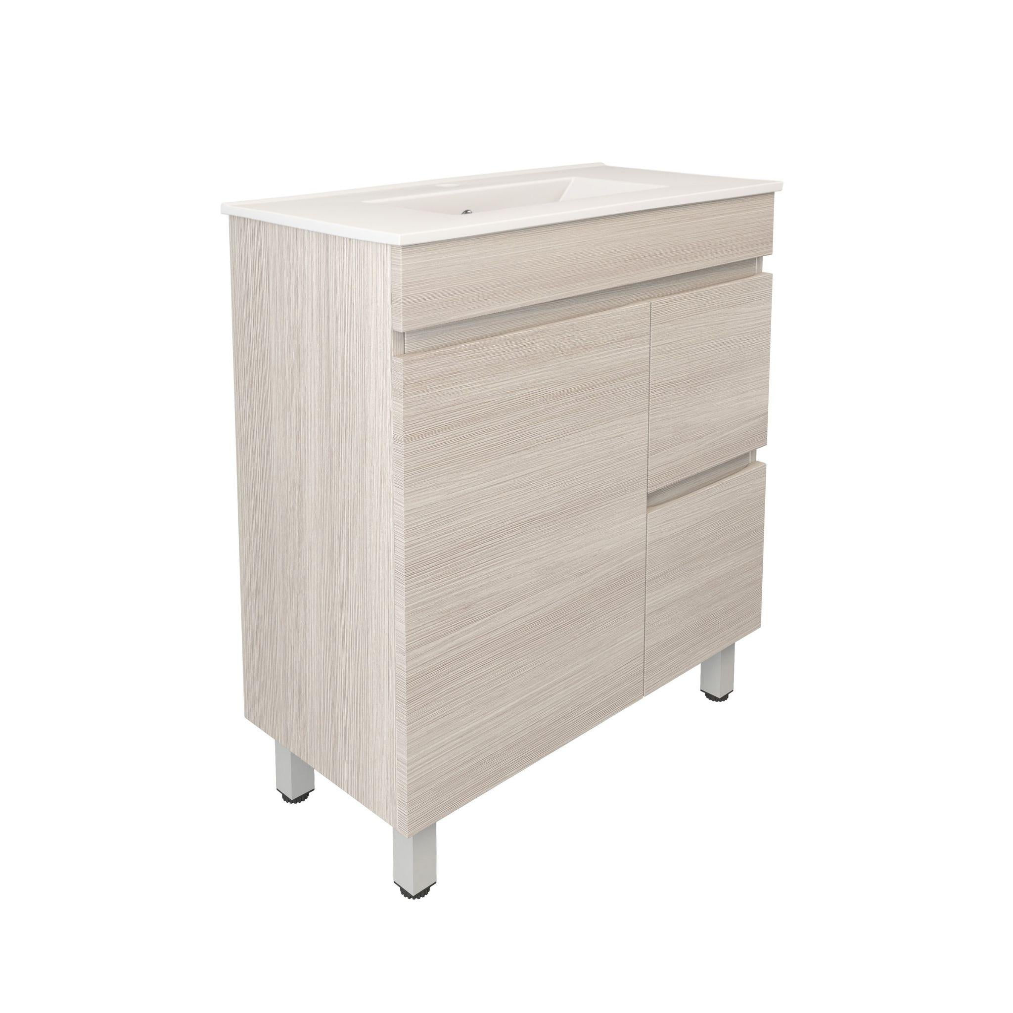 LUKKA CAMDEN ENSUITE COASTAL OAK 750MM SPACE SAVING SINGLE BOWL FLOOR STANDING VANITY (AVAILABLE IN LEFT AND RIGHT HAND DRAWER)