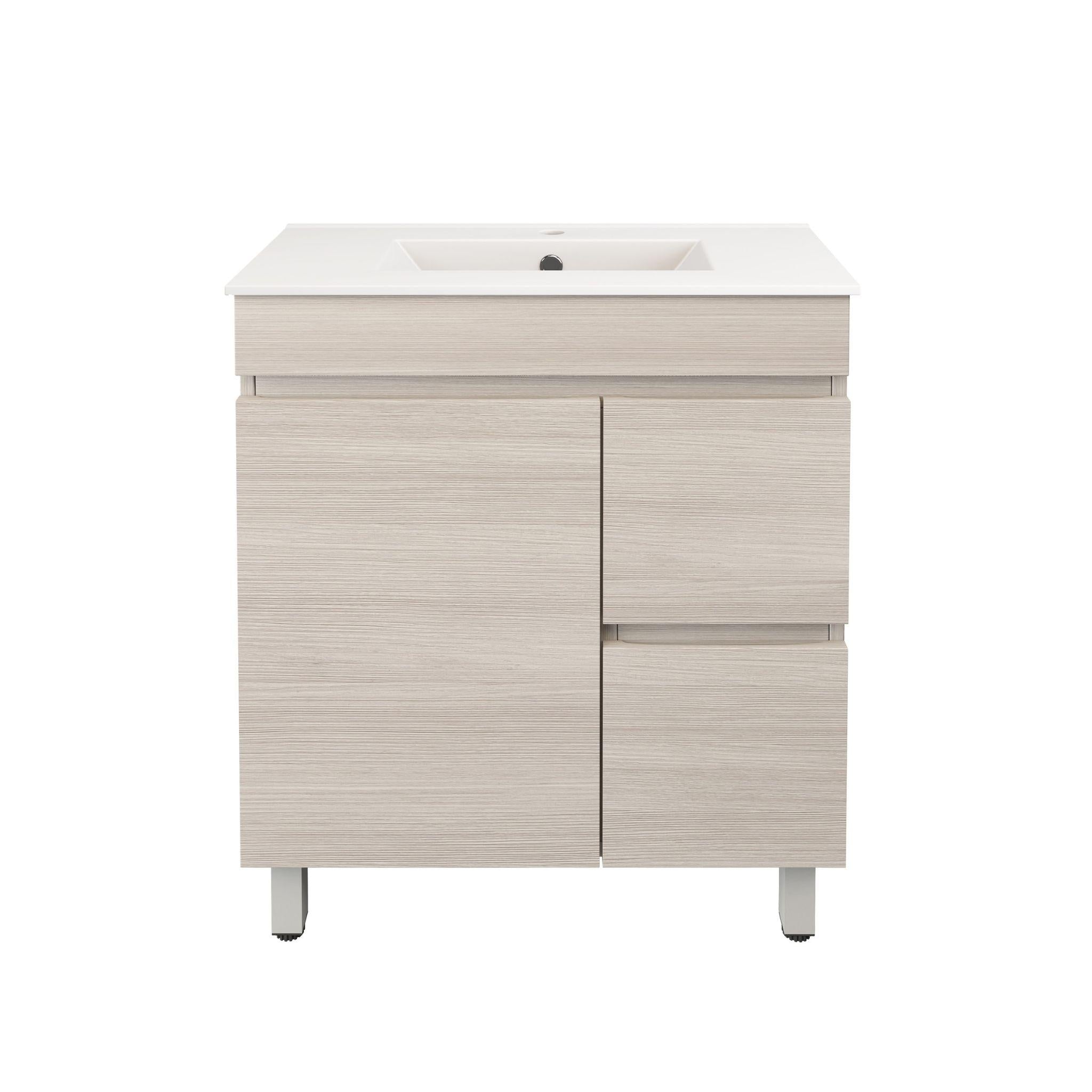 LUKKA CAMDEN ENSUITE COASTAL OAK 750MM SPACE SAVING SINGLE BOWL FLOOR STANDING VANITY (AVAILABLE IN LEFT AND RIGHT HAND DRAWER)