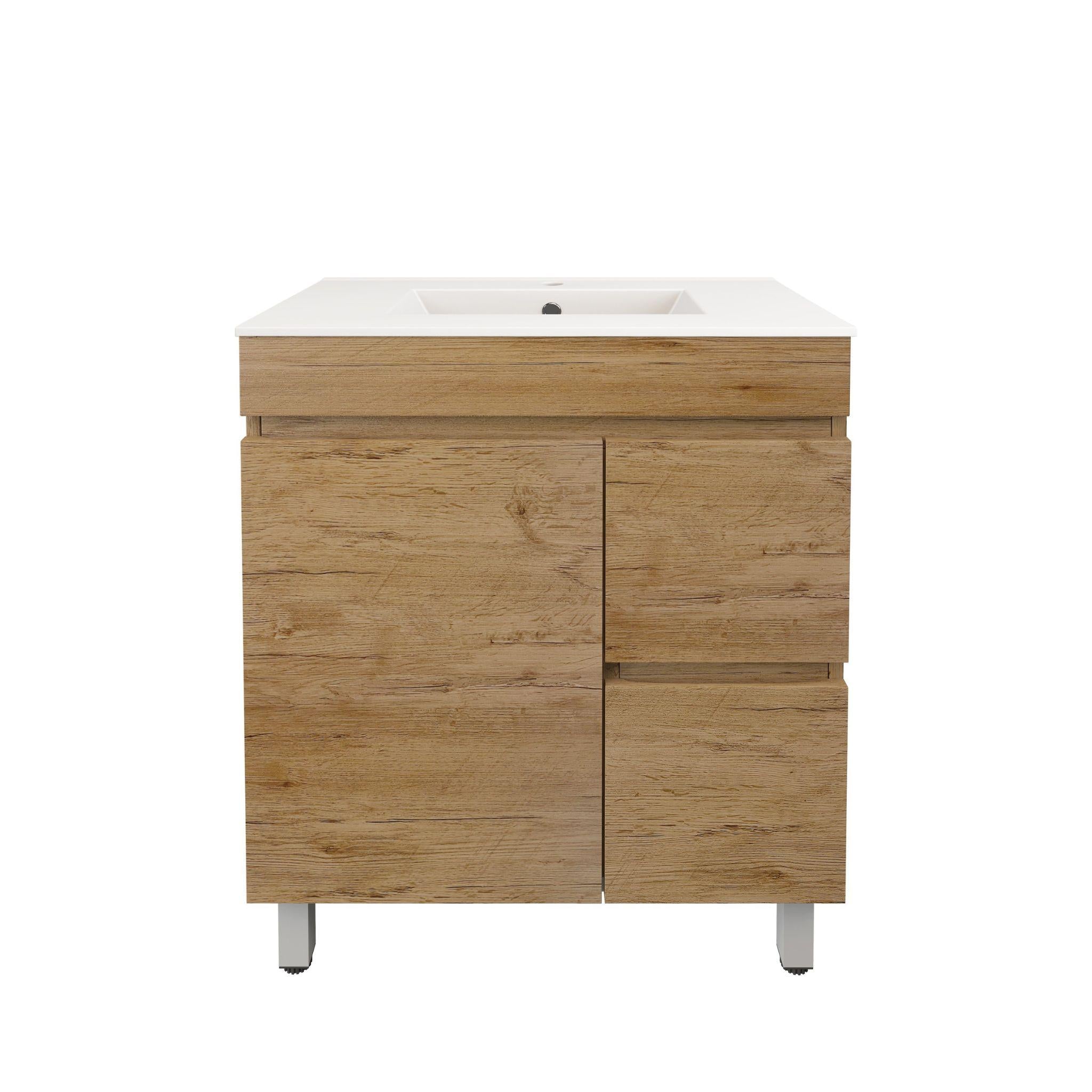 LUKKA CAMDEN ENSUITE PRIME OAK 750MM SPACE SAVING SINGLE BOWL FLOOR STANDING VANITY (AVAILABLE IN LEFT AND RIGHT HAND DRAWER)