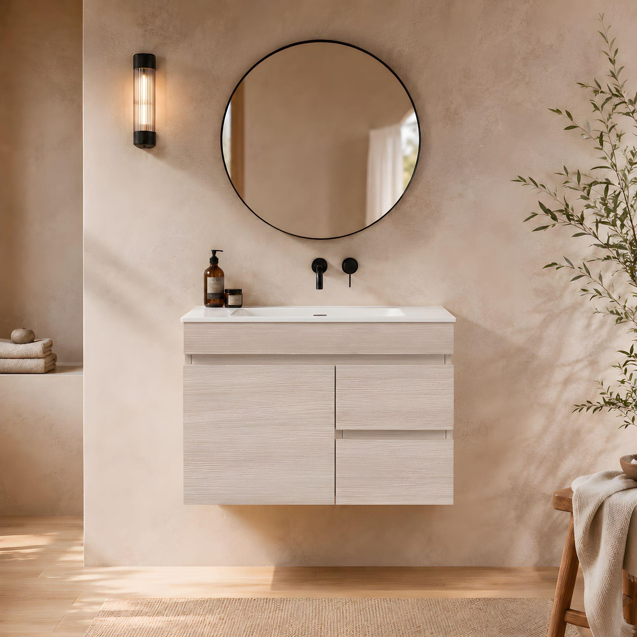 LUKKA CAMDEN ENSUITE COASTAL OAK 750MM SPACE SAVING SINGLE BOWL WALL HUNG VANITY (AVAILABLE IN LEFT AND RIGHT HAND DRAWER)