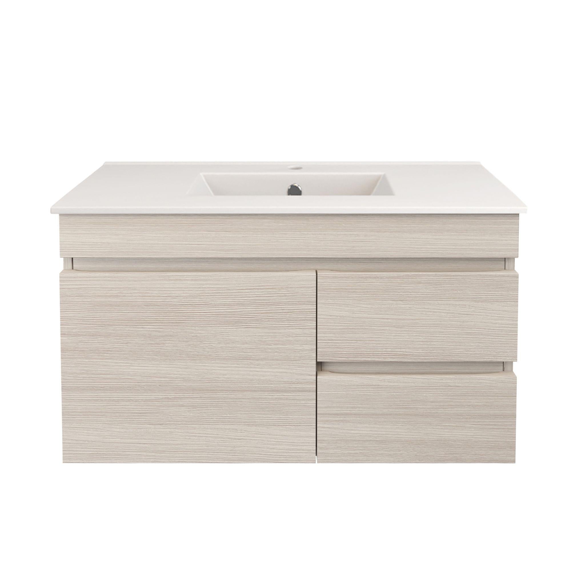 LUKKA CAMDEN ENSUITE COASTAL OAK 750MM SPACE SAVING SINGLE BOWL WALL HUNG VANITY (AVAILABLE IN LEFT AND RIGHT HAND DRAWER)