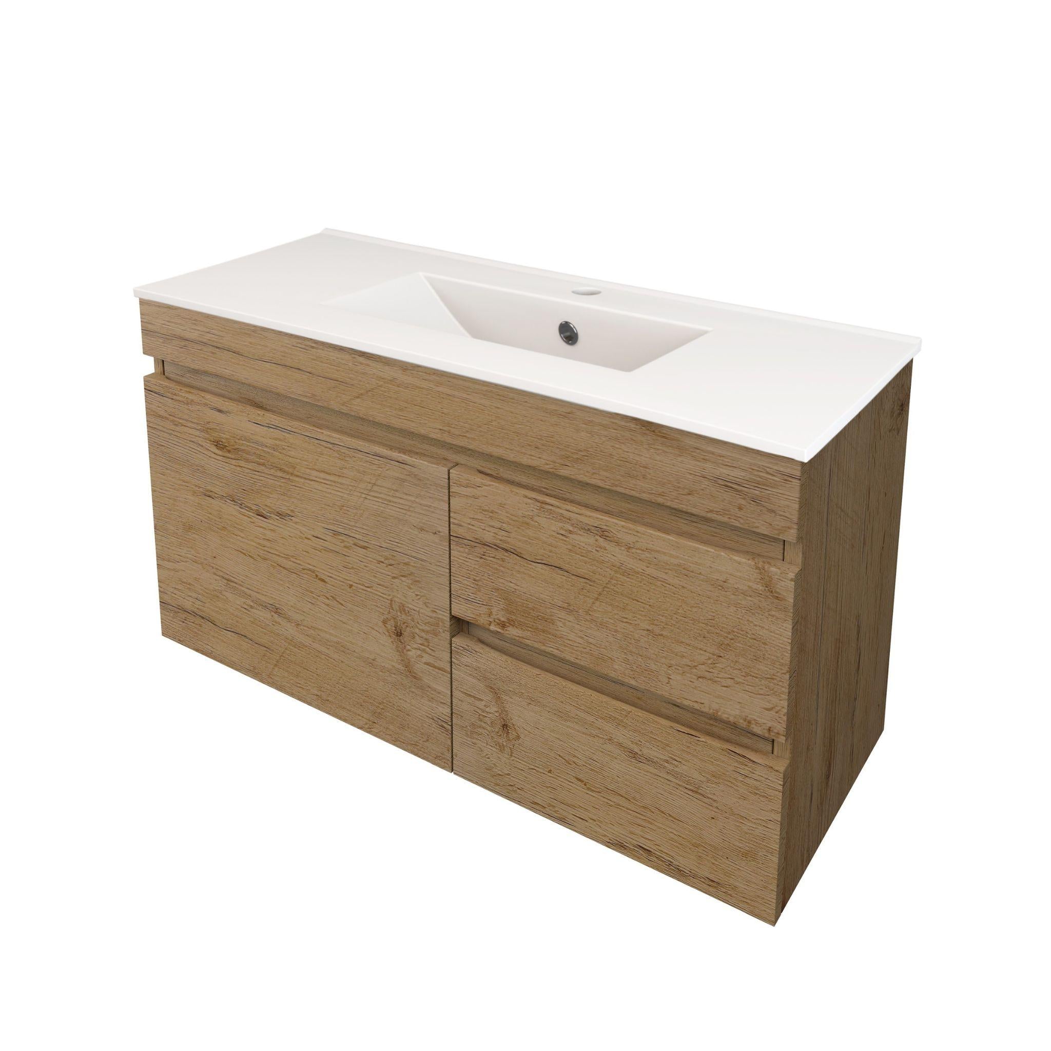LUKKA CAMDEN ENSUITE PRIME OAK 750MM SPACE SAVING SINGLE BOWL WALL HUNG VANITY (AVAILABLE IN LEFT AND RIGHT HAND DRAWER)