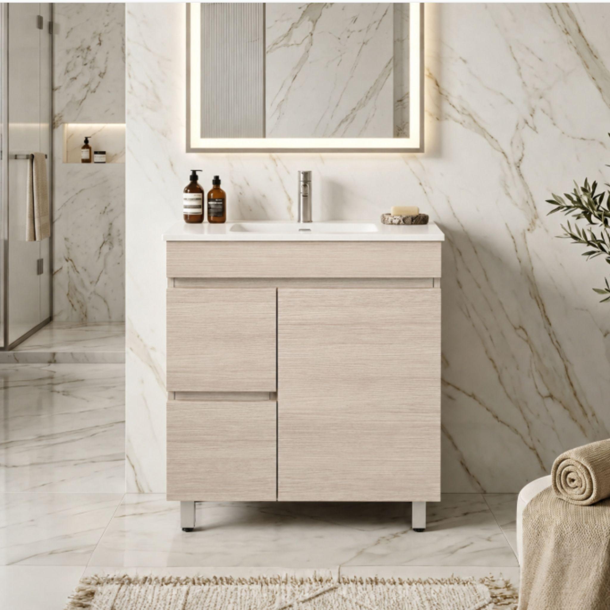 LUKKA CAMDEN MODERN COASTAL OAK 750MM SINGLE BOWL FLOOR STANDING VANITY (AVAILABLE IN LEFT AND RIGHT HAND DRAWER)