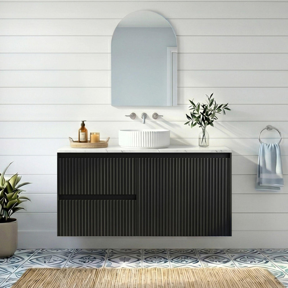 LUKKA CRETE MODERN MATTE BLACK 750MM SINGLE BOWL WALL HUNG VANITY (AVAILABLE IN LEFT AND RIGHT HAND DRAWER)