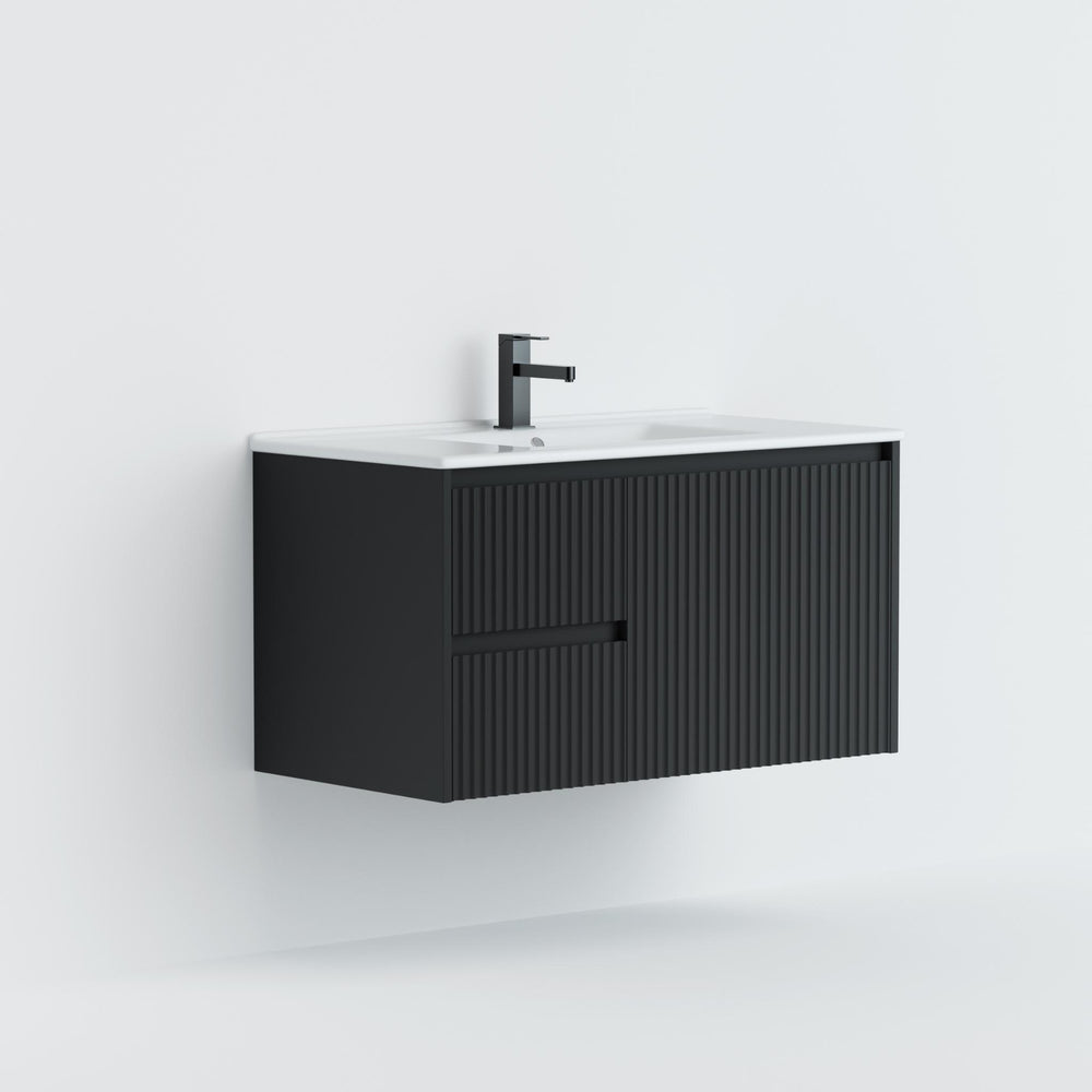 LUKKA CRETE MODERN MATTE BLACK 750MM SINGLE BOWL WALL HUNG VANITY (AVAILABLE IN LEFT AND RIGHT HAND DRAWER)