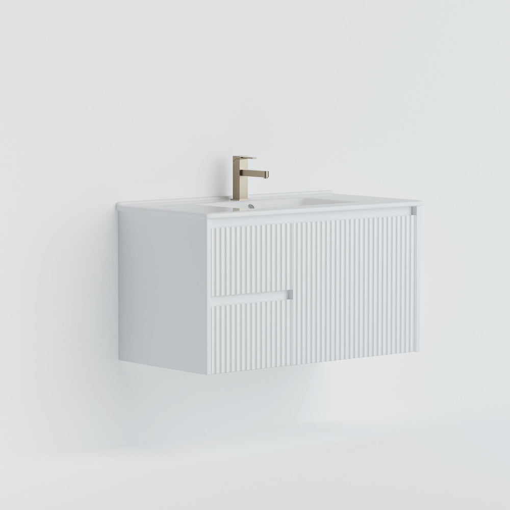 LUKKA CRETE MODERN MATTE WHITE 750MM SINGLE BOWL WALL HUNG VANITY (AVAILABLE IN LEFT AND RIGHT HAND DRAWER)