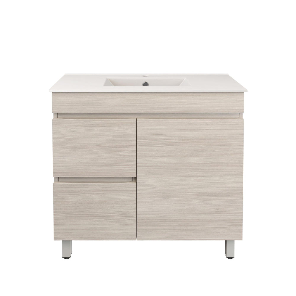 LUKKA CAMDEN ENSUITE COASTAL OAK 900MM SPACE SAVING SINGLE BOWL FLOOR STANDING VANITY (AVAILABLE IN LEFT AND RIGHT HAND DRAWER)