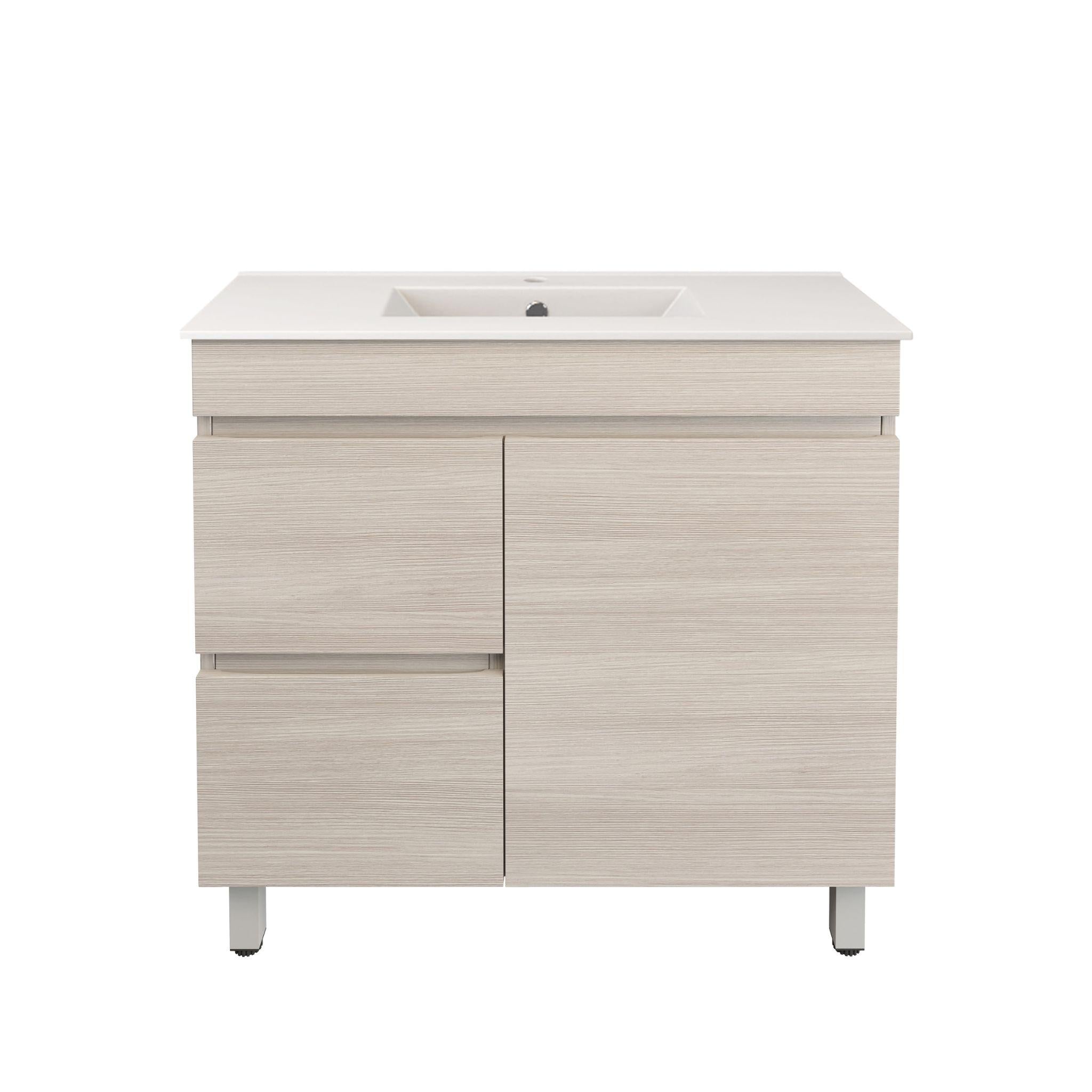 LUKKA CAMDEN ENSUITE COASTAL OAK 900MM SPACE SAVING SINGLE BOWL FLOOR STANDING VANITY (AVAILABLE IN LEFT AND RIGHT HAND DRAWER)