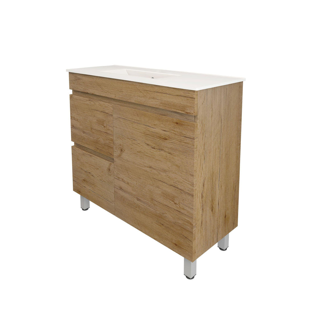 LUKKA CAMDEN ENSUITE PRIME OAK 900MM SPACE SAVING SINGLE BOWL FLOOR STANDING VANITY (AVAILABLE IN LEFT AND RIGHT HAND DRAWER)