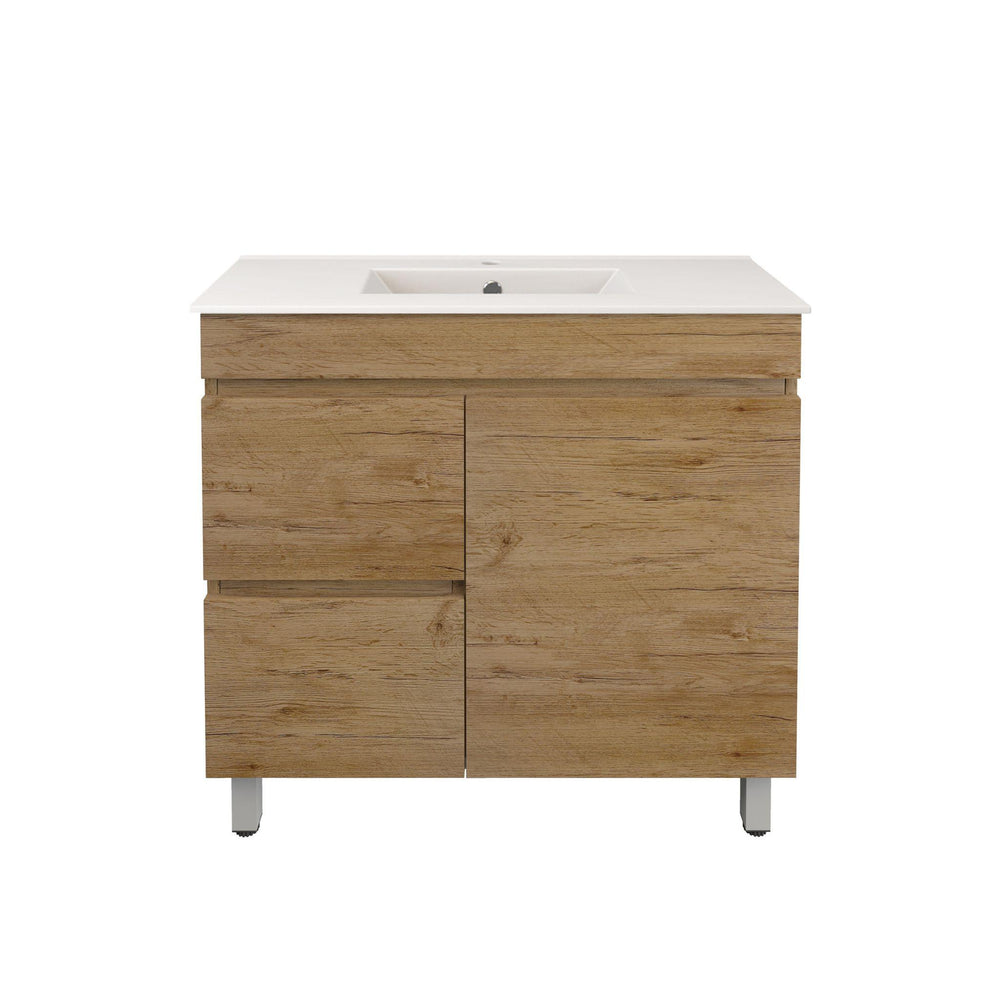 LUKKA CAMDEN ENSUITE PRIME OAK 900MM SPACE SAVING SINGLE BOWL FLOOR STANDING VANITY (AVAILABLE IN LEFT AND RIGHT HAND DRAWER)
