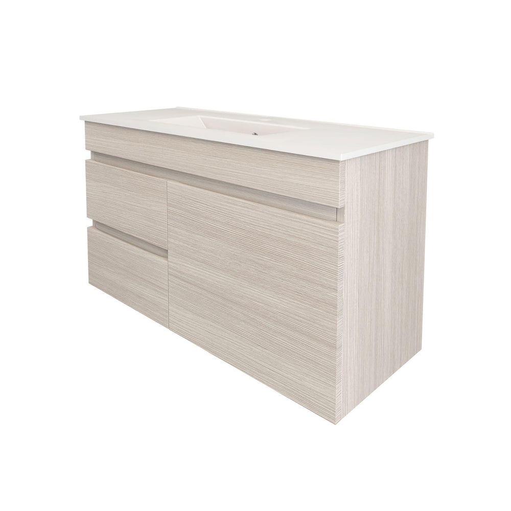 LUKKA CAMDEN ENSUITE COASTAL OAK 900MM SPACE SAVING SINGLE BOWL WALL HUNG VANITY (AVAILABLE IN LEFT AND RIGHT HAND DRAWER)