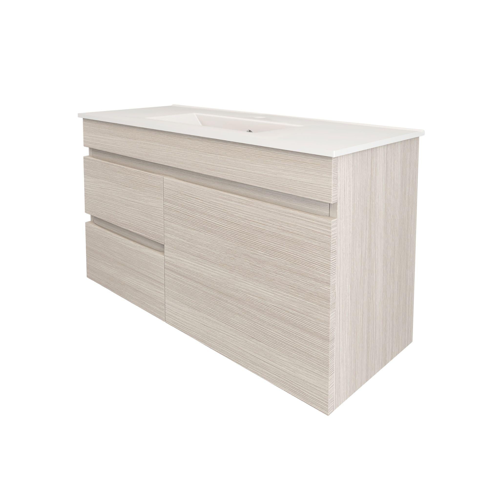 LUKKA CAMDEN ENSUITE COASTAL OAK 900MM SPACE SAVING SINGLE BOWL WALL HUNG VANITY (AVAILABLE IN LEFT AND RIGHT HAND DRAWER)