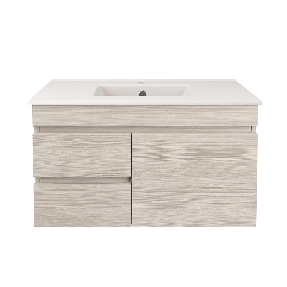 LUKKA CAMDEN ENSUITE COASTAL OAK 900MM SPACE SAVING SINGLE BOWL WALL HUNG VANITY (AVAILABLE IN LEFT AND RIGHT HAND DRAWER)