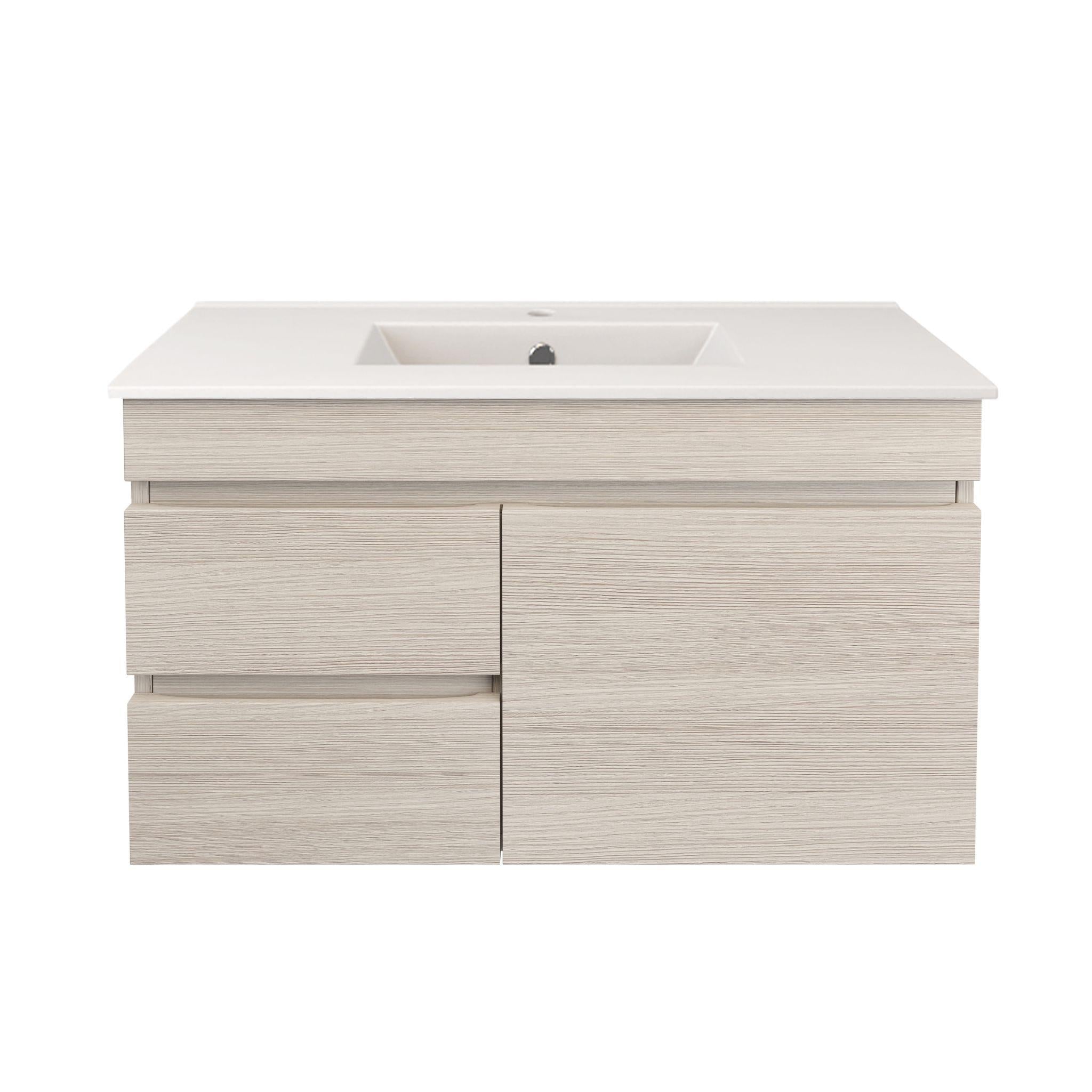 LUKKA CAMDEN ENSUITE COASTAL OAK 900MM SPACE SAVING SINGLE BOWL WALL HUNG VANITY (AVAILABLE IN LEFT AND RIGHT HAND DRAWER)