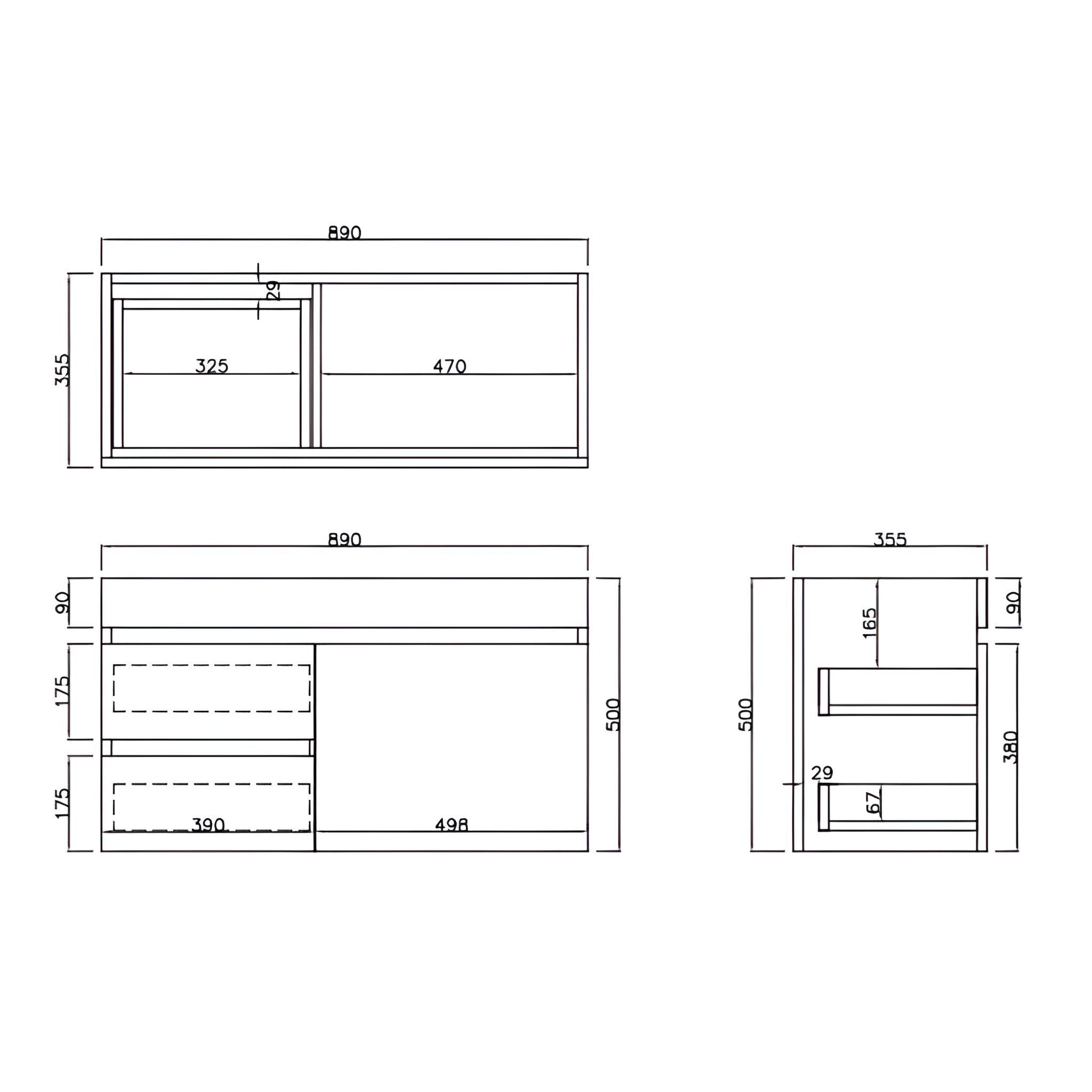 LUKKA CAMDEN ENSUITE PRIME OAK 900MM SPACE SAVING SINGLE BOWL WALL HUNG VANITY (AVAILABLE IN LEFT AND RIGHT HAND DRAWER)