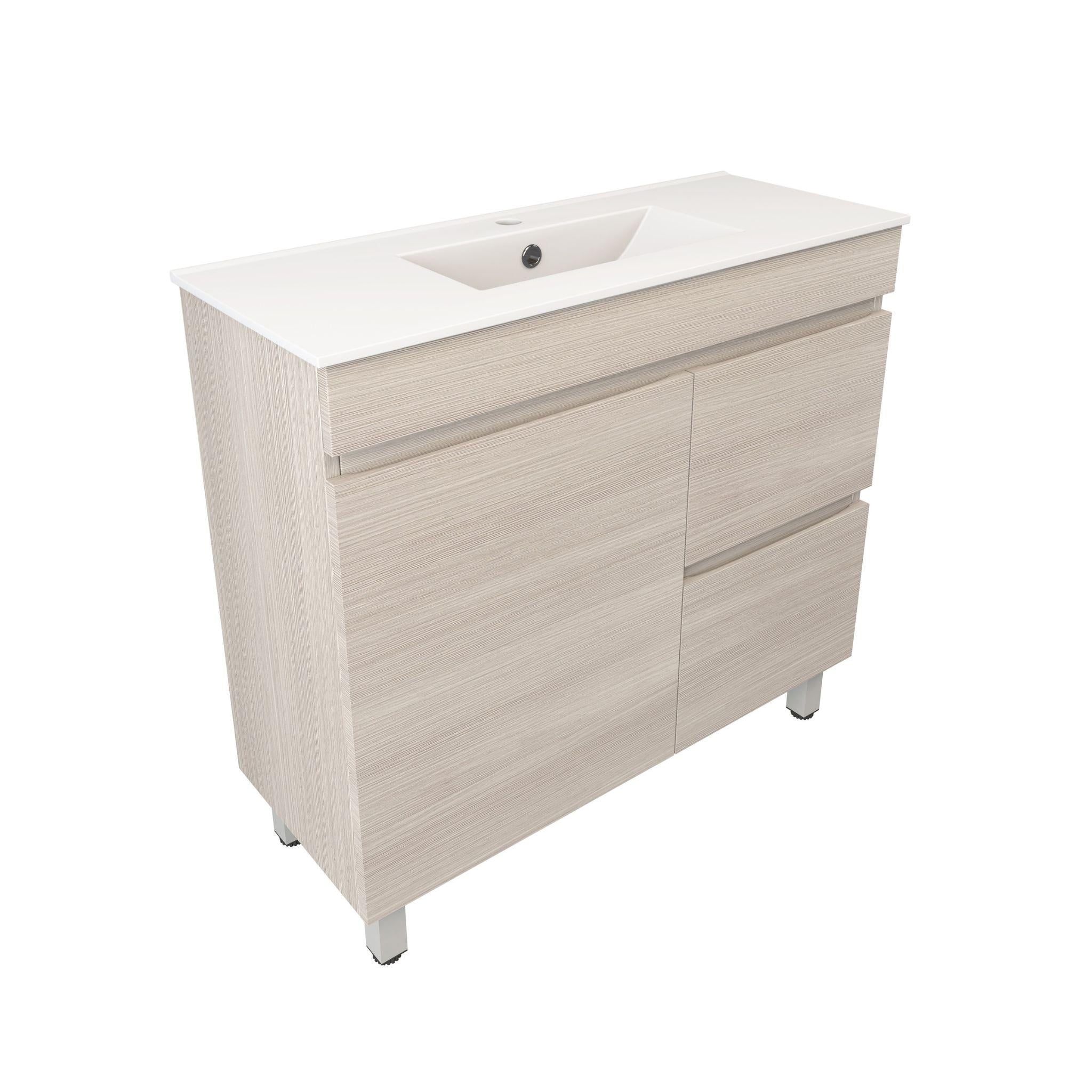 LUKKA CAMDEN ENSUITE COASTAL OAK 900MM SPACE SAVING SINGLE BOWL FLOOR STANDING VANITY (AVAILABLE IN LEFT AND RIGHT HAND DRAWER)