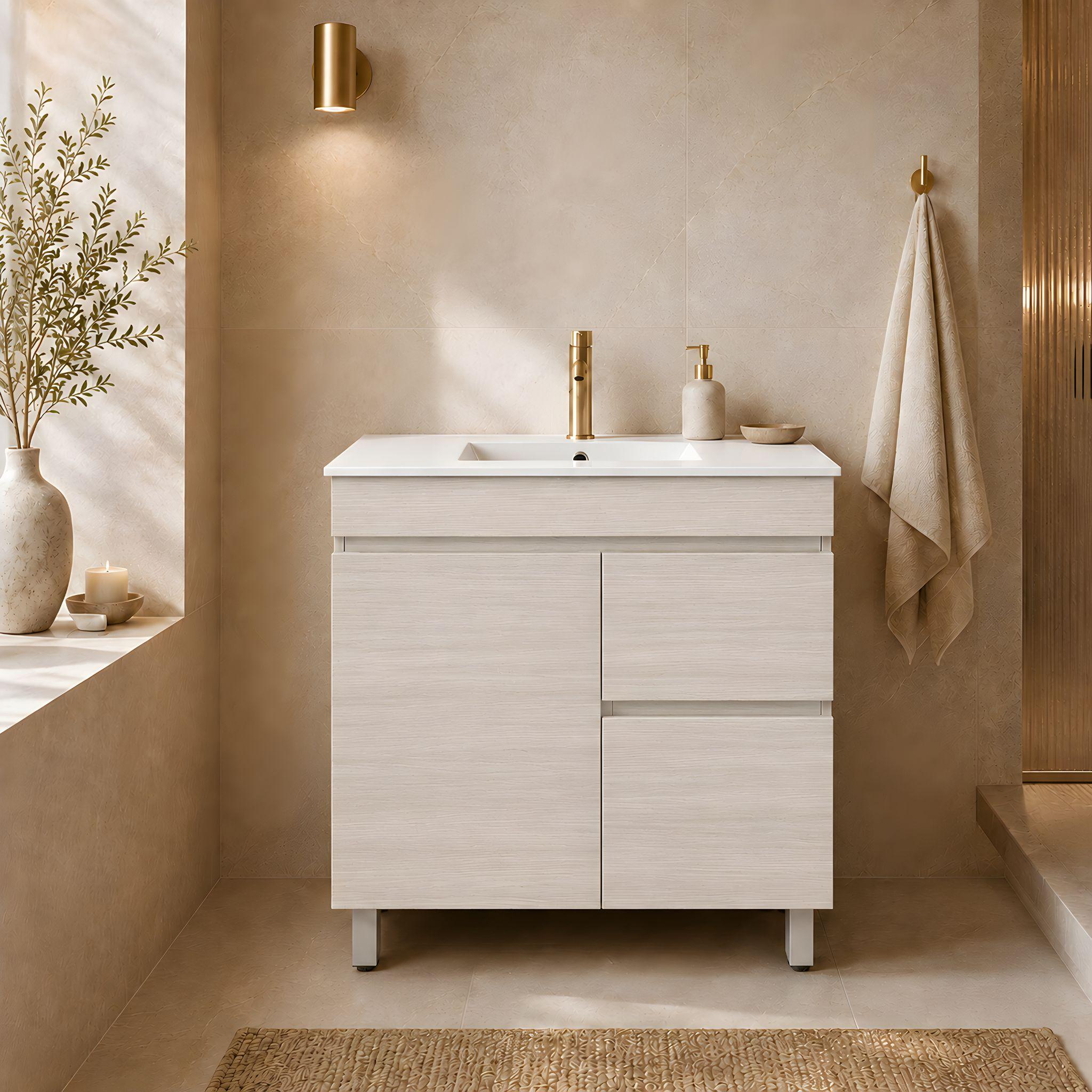 LUKKA CAMDEN ENSUITE COASTAL OAK 900MM SPACE SAVING SINGLE BOWL FLOOR STANDING VANITY (AVAILABLE IN LEFT AND RIGHT HAND DRAWER)