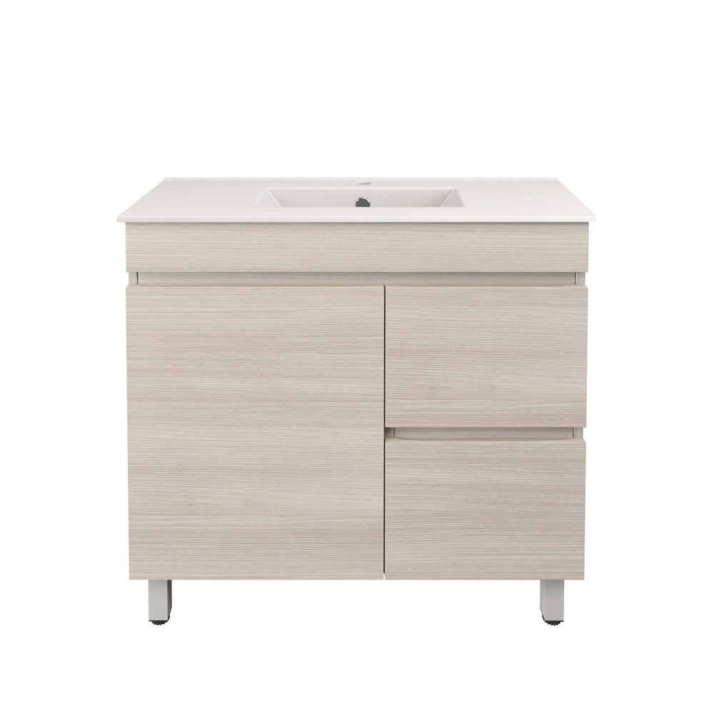 LUKKA CAMDEN ENSUITE COASTAL OAK 900MM SPACE SAVING SINGLE BOWL FLOOR STANDING VANITY (AVAILABLE IN LEFT AND RIGHT HAND DRAWER)
