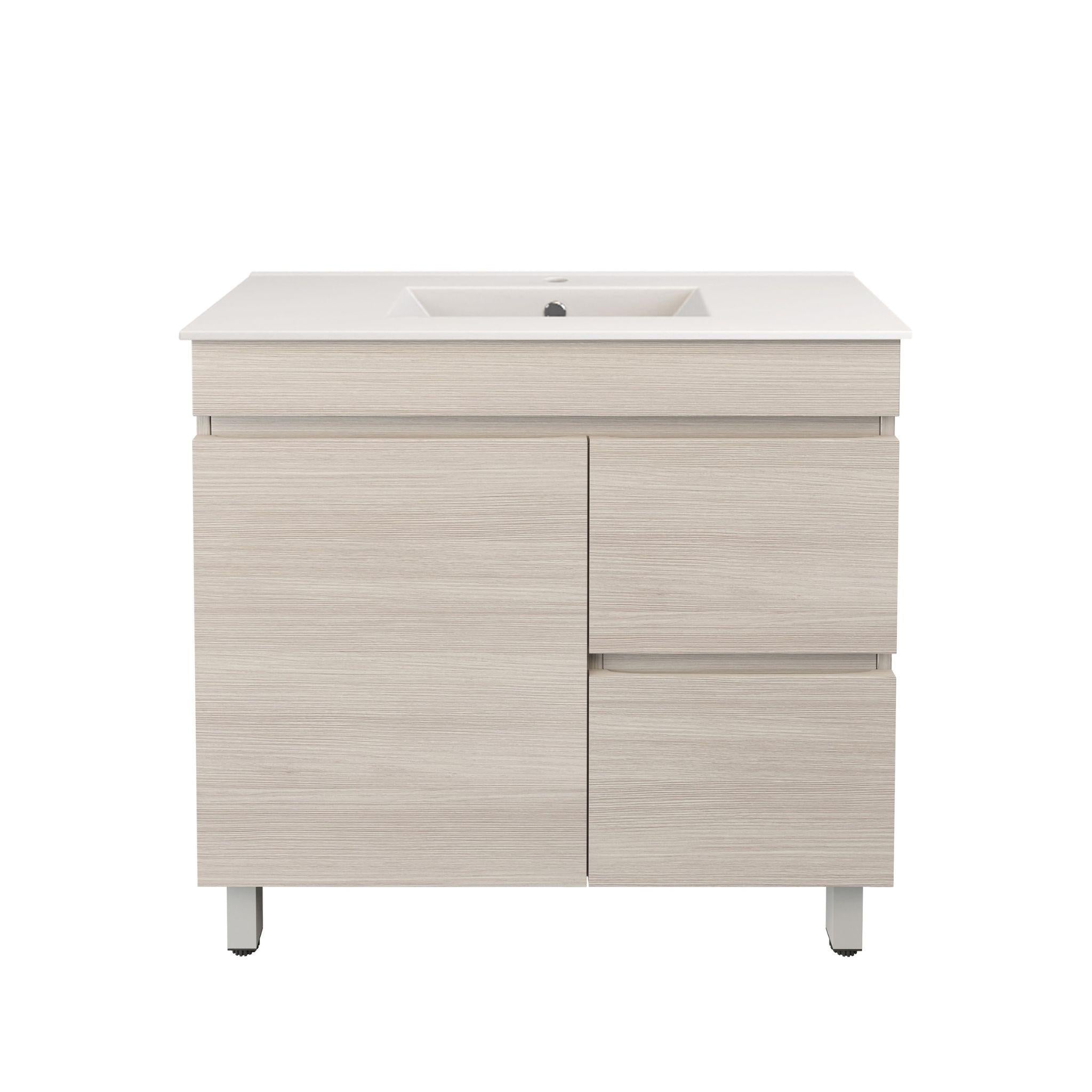 LUKKA CAMDEN ENSUITE COASTAL OAK 900MM SPACE SAVING SINGLE BOWL FLOOR STANDING VANITY (AVAILABLE IN LEFT AND RIGHT HAND DRAWER)
