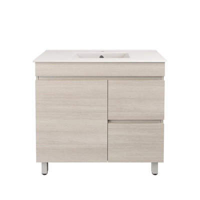 LUKKA CAMDEN ENSUITE COASTAL OAK 900MM SPACE SAVING SINGLE BOWL FLOOR STANDING VANITY (AVAILABLE IN LEFT AND RIGHT HAND DRAWER)