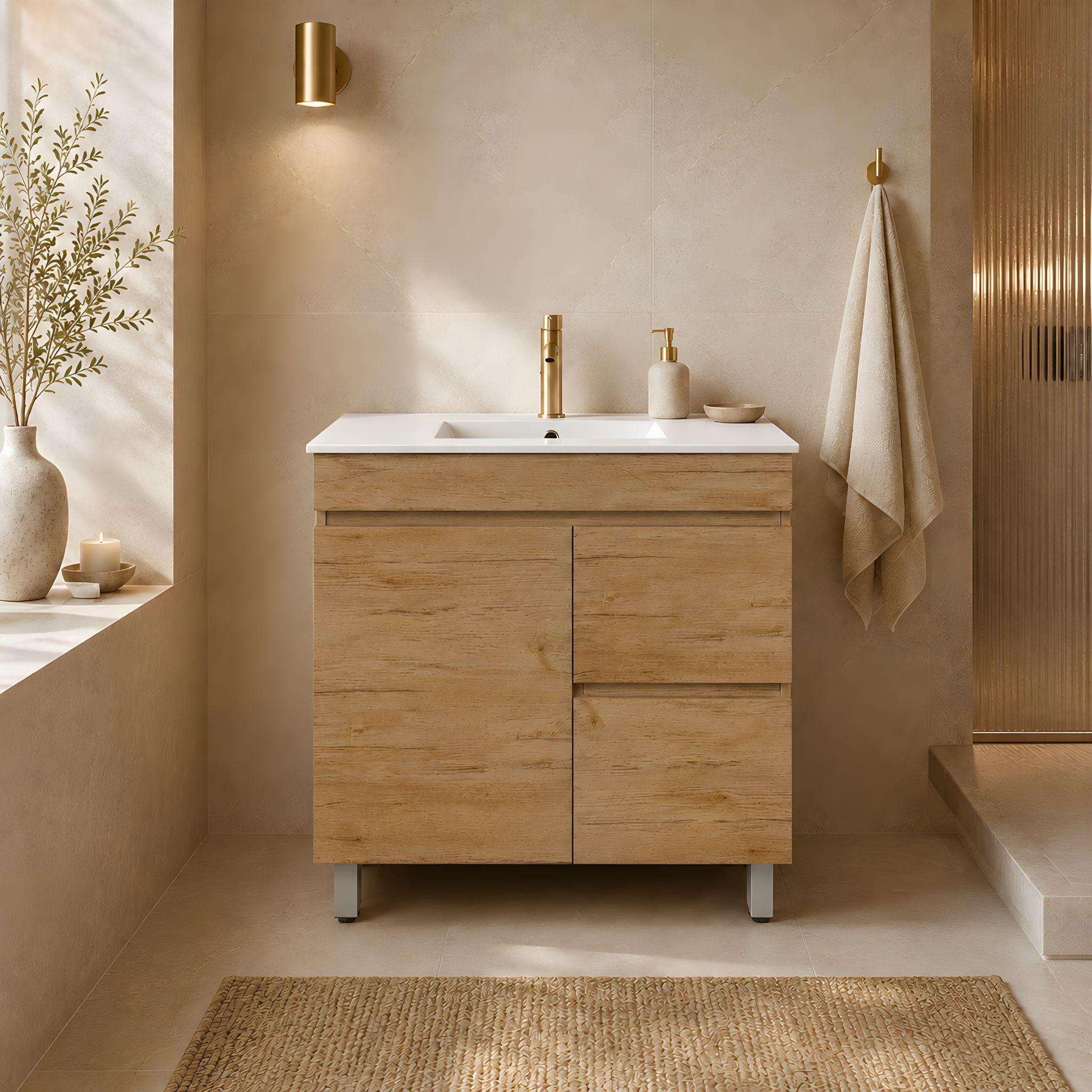 LUKKA CAMDEN ENSUITE PRIME OAK 900MM SPACE SAVING SINGLE BOWL FLOOR STANDING VANITY (AVAILABLE IN LEFT AND RIGHT HAND DRAWER)