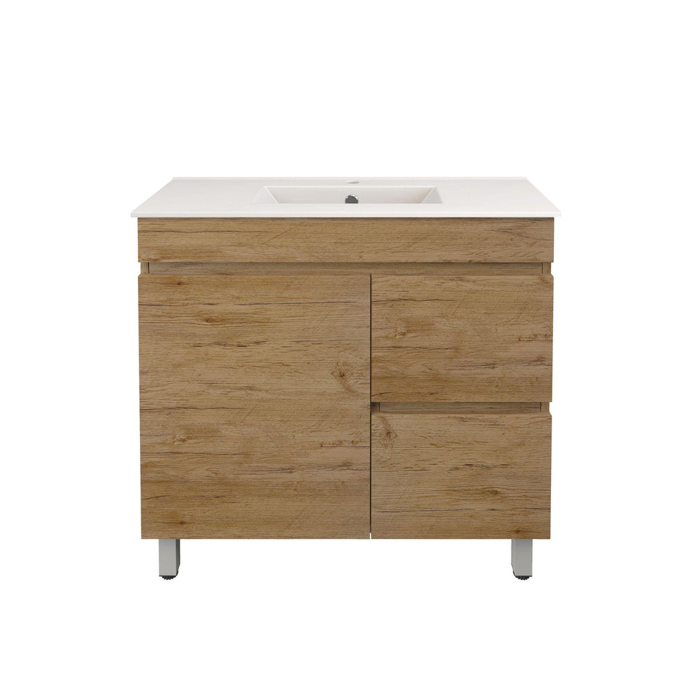 LUKKA CAMDEN ENSUITE PRIME OAK 900MM SPACE SAVING SINGLE BOWL FLOOR STANDING VANITY (AVAILABLE IN LEFT AND RIGHT HAND DRAWER)