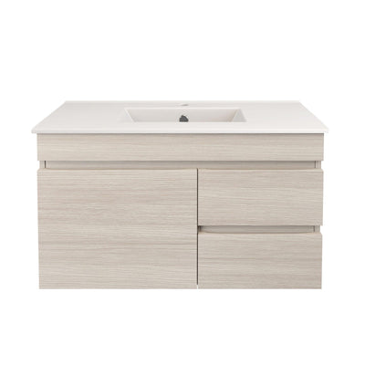 LUKKA CAMDEN ENSUITE COASTAL OAK 900MM SPACE SAVING SINGLE BOWL WALL HUNG VANITY (AVAILABLE IN LEFT AND RIGHT HAND DRAWER)