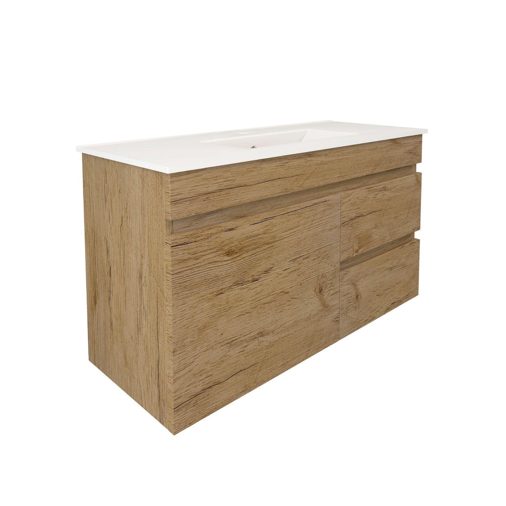 LUKKA CAMDEN ENSUITE PRIME OAK 900MM SPACE SAVING SINGLE BOWL WALL HUNG VANITY (AVAILABLE IN LEFT AND RIGHT HAND DRAWER)