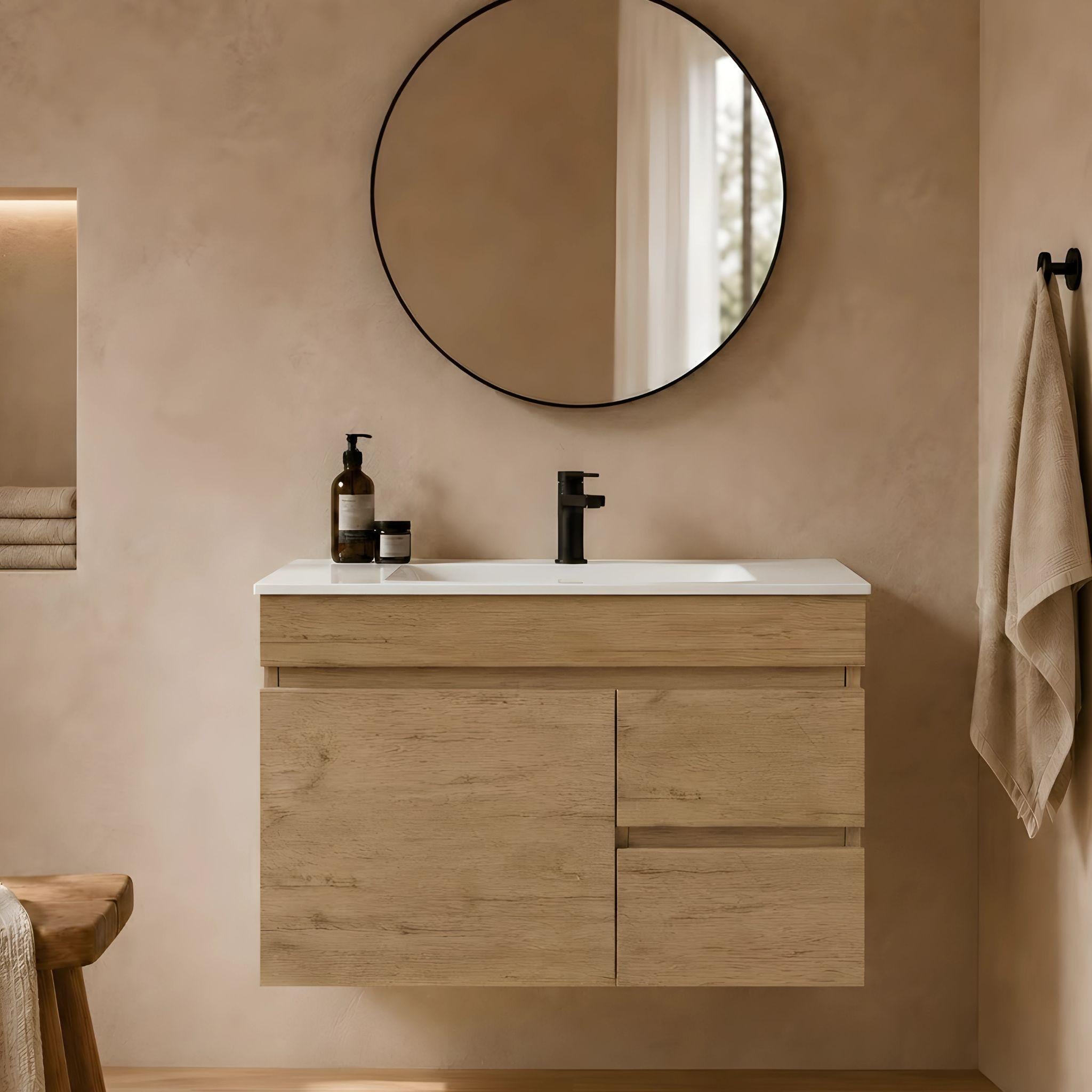 LUKKA CAMDEN ENSUITE PRIME OAK 900MM SPACE SAVING SINGLE BOWL WALL HUNG VANITY (AVAILABLE IN LEFT AND RIGHT HAND DRAWER)