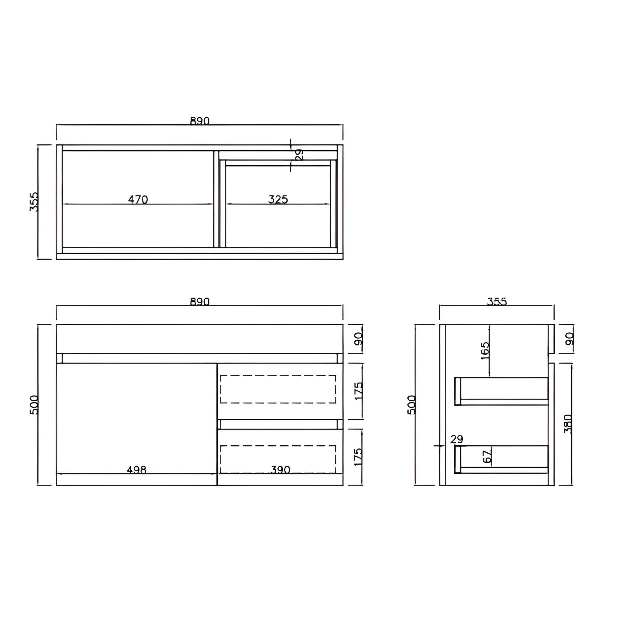 LUKKA CAMDEN ENSUITE PRIME OAK 900MM SPACE SAVING SINGLE BOWL WALL HUNG VANITY (AVAILABLE IN LEFT AND RIGHT HAND DRAWER)