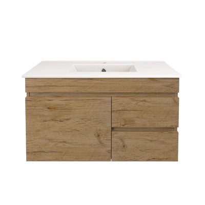 LUKKA CAMDEN ENSUITE PRIME OAK 900MM SPACE SAVING SINGLE BOWL WALL HUNG VANITY (AVAILABLE IN LEFT AND RIGHT HAND DRAWER)